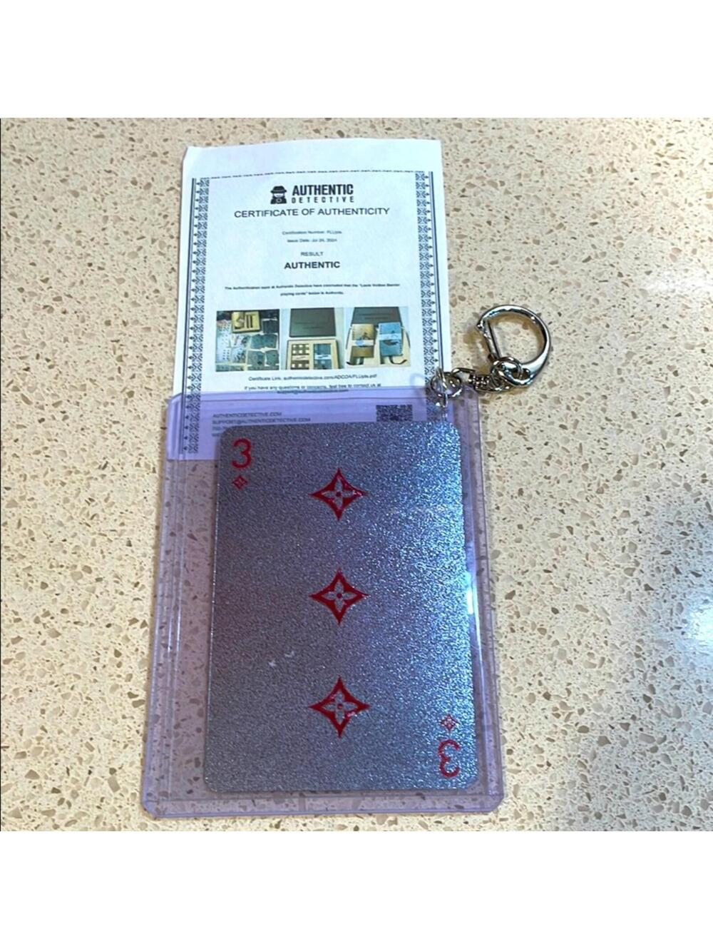 Louis Vuitton Silver Metallic Damier Playing Card Keychain Charm W/ COA